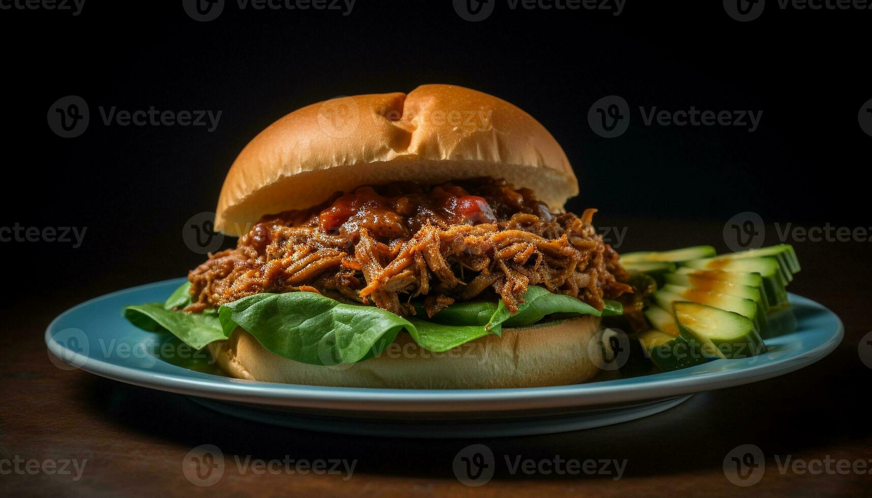 Grilled pulled pork sandwich on gourmet bun generated by AI photo