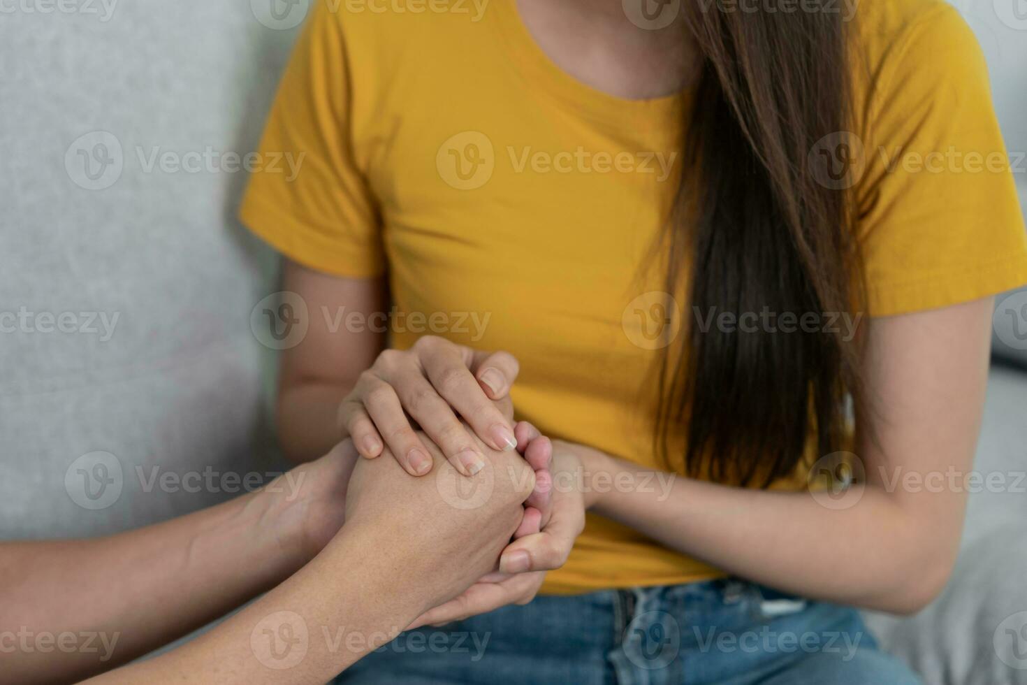 Couple hold hand support each while discussing family issues with psychiatrist. Husband encourages and empathy wife suffers depression. psychological, save divorce, Hand in hand together, trust, care photo