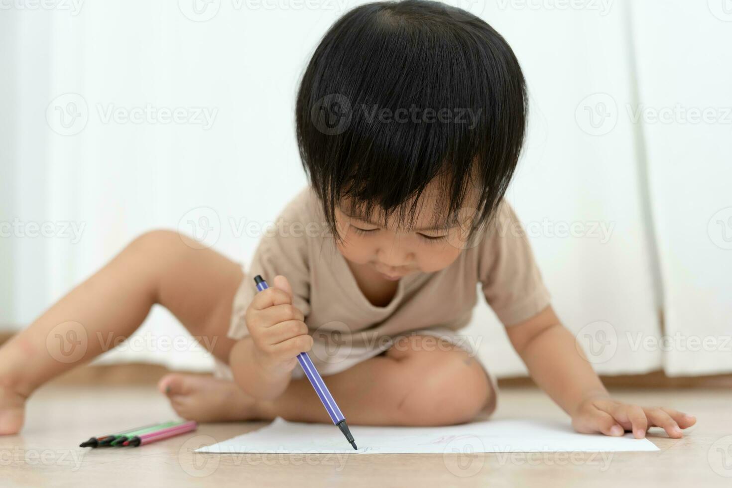 Happy Asia children playing learning paint on paper. Activity, development, IQ, EQ, meditation, brain, muscles, essential skills, family having fun spending time together. Holiday photo