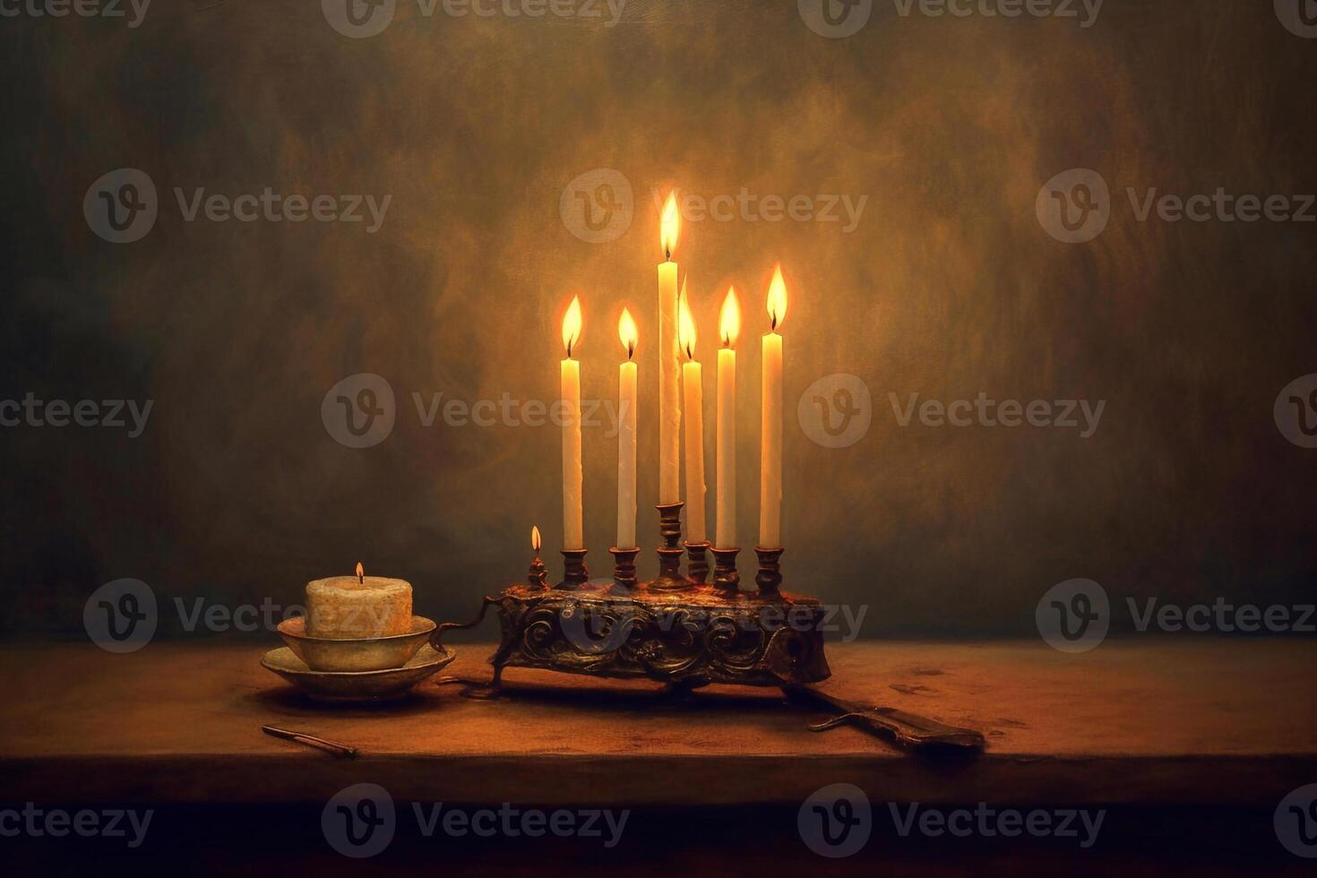 Candlestick with burning candles for Hanukkah, Ai generated photo