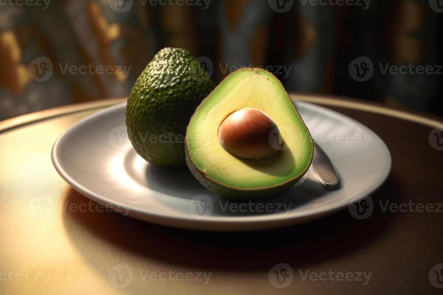 Juicy delicious avocado lies on a beautiful plate, Ai generated photo