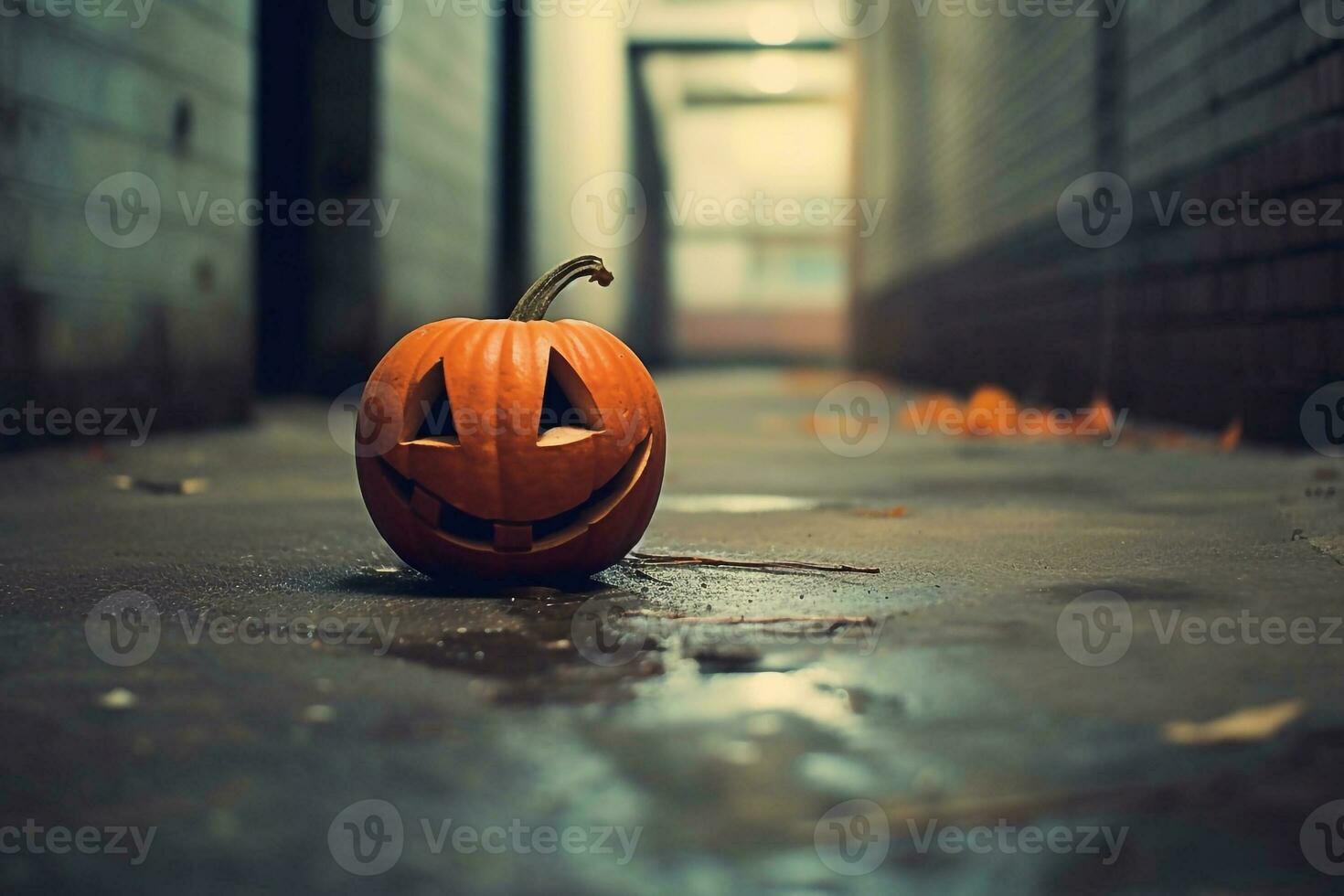 Big orange scary pumpkin on holiday Halloween, Ai generated photo