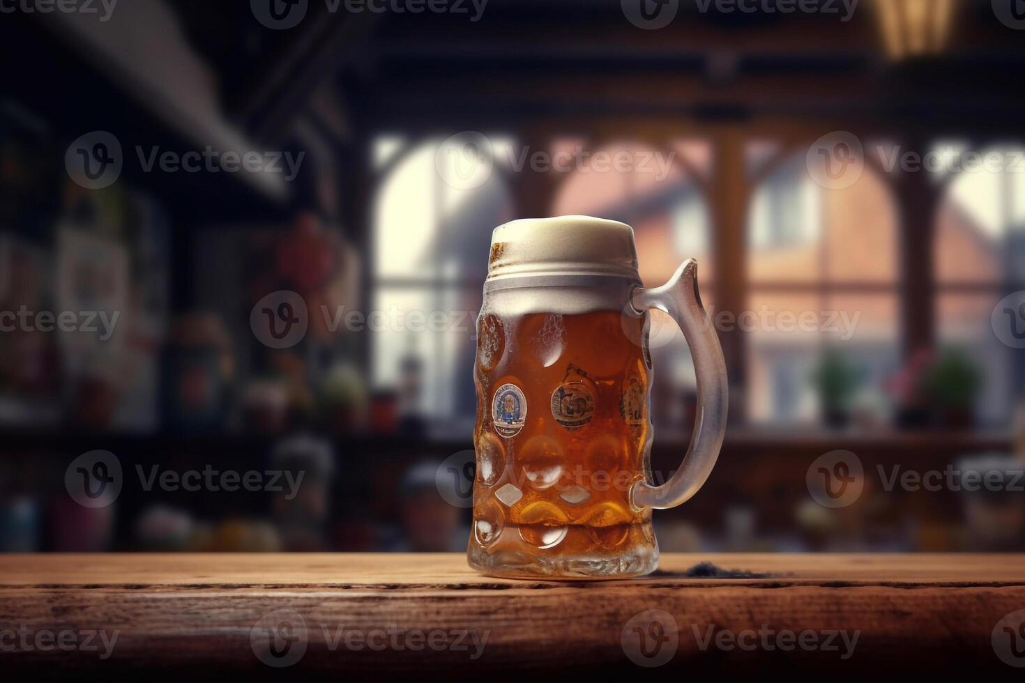 Foamy beer in large glass mug stands in local bar on Oktoberfest, photo