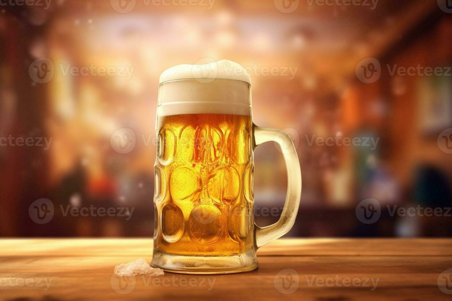 Foamy beer in large glass mug stands in local bar on Oktoberfest, Ai generated photo