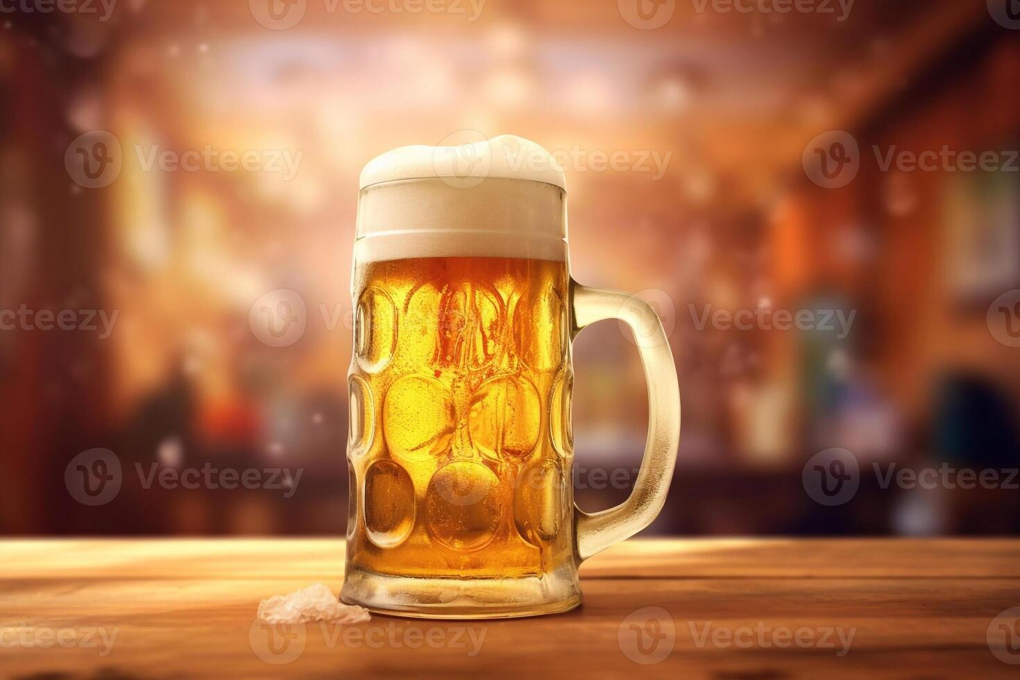 Foamy beer in large glass mug stands in local bar on Oktoberfest, photo