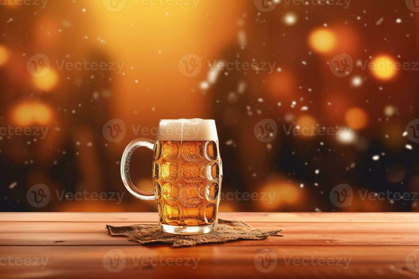 Foamy beer in large glass mug stands in local bar on Oktoberfest, Ai generated photo