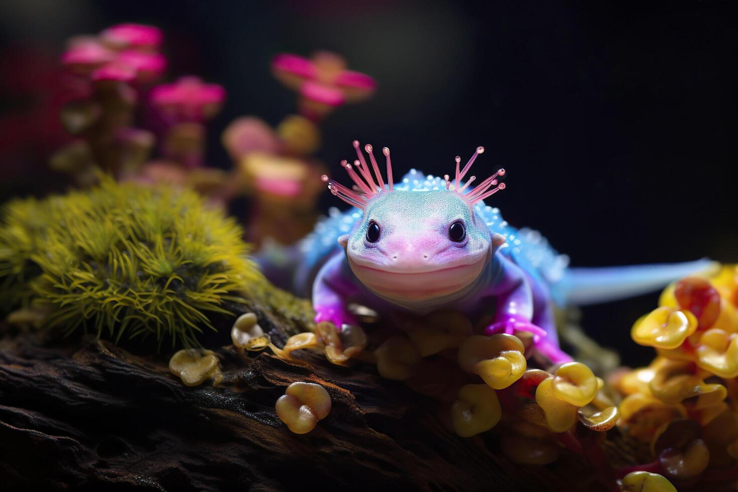 Cute axolotl in neon colors. Generative AI. photo