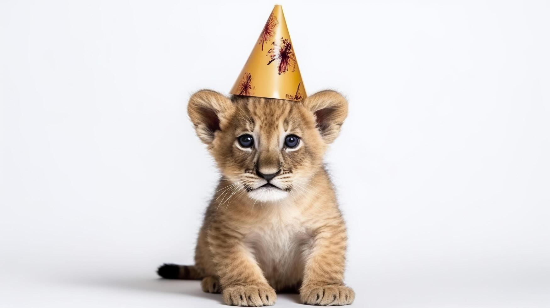 Lion cub in birthday cap. . photo