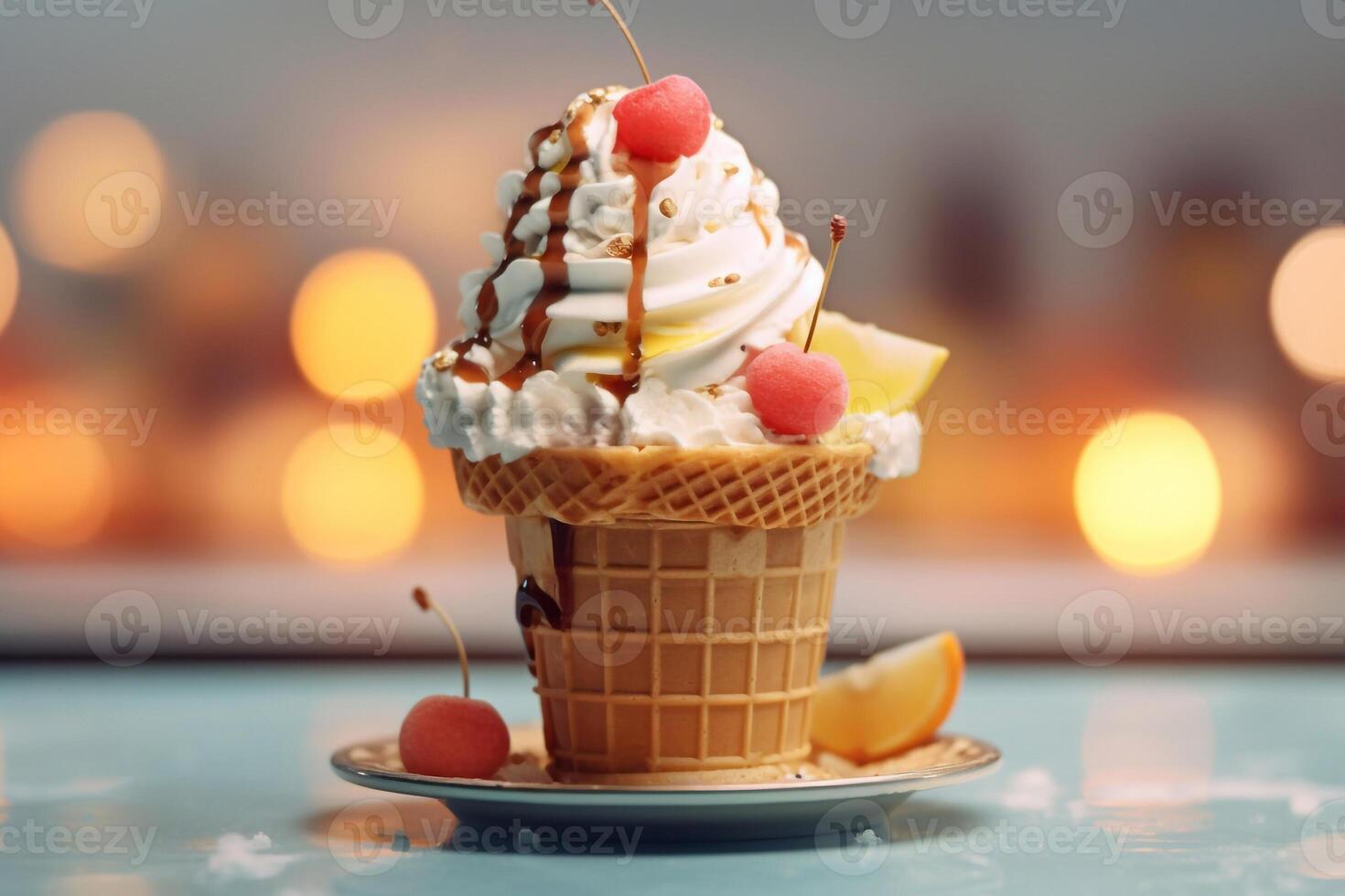Delicious beautiful ice cream on bright background, photo