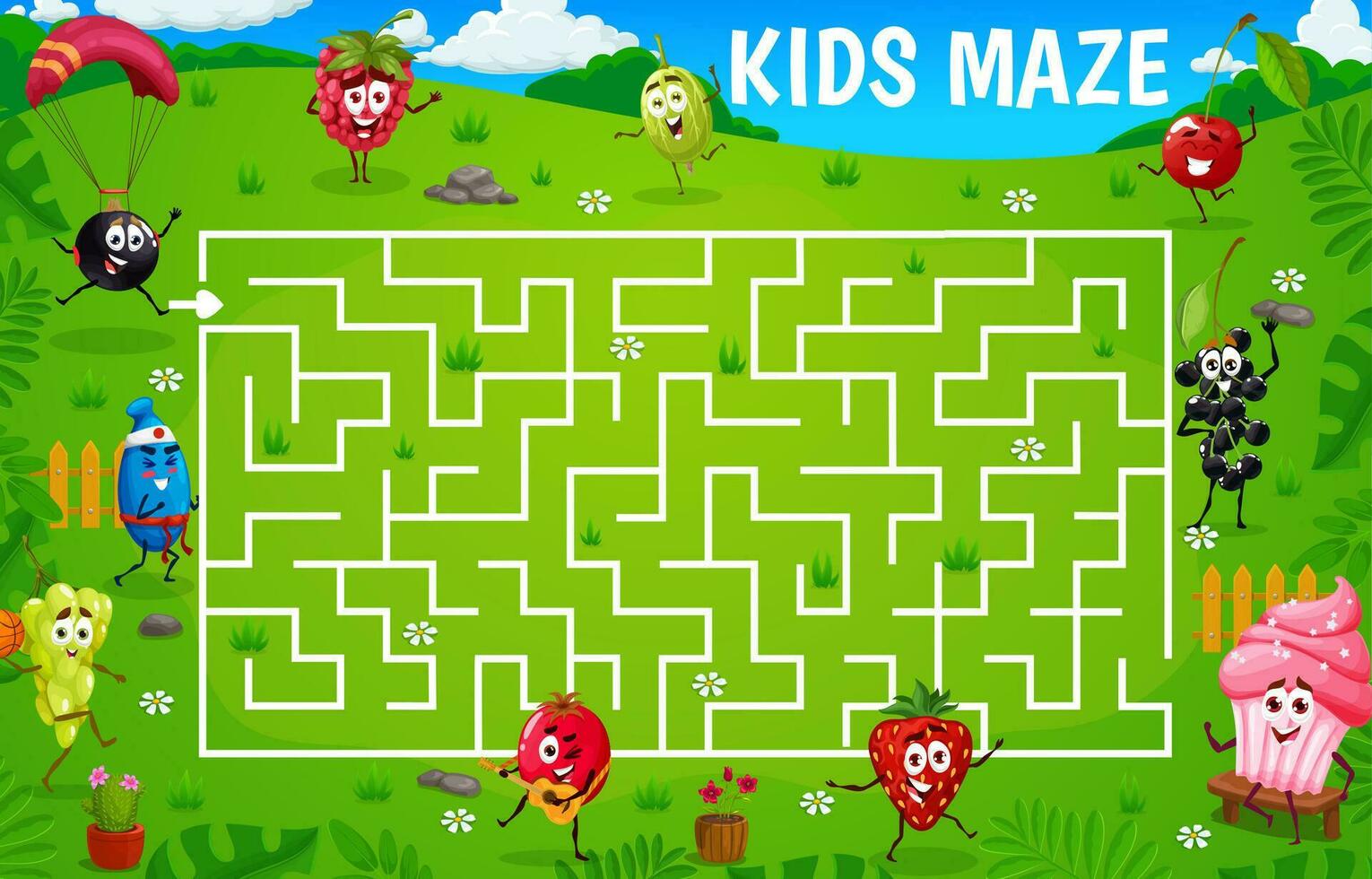 Labyrinth maze with cartoon funny berry characters vector