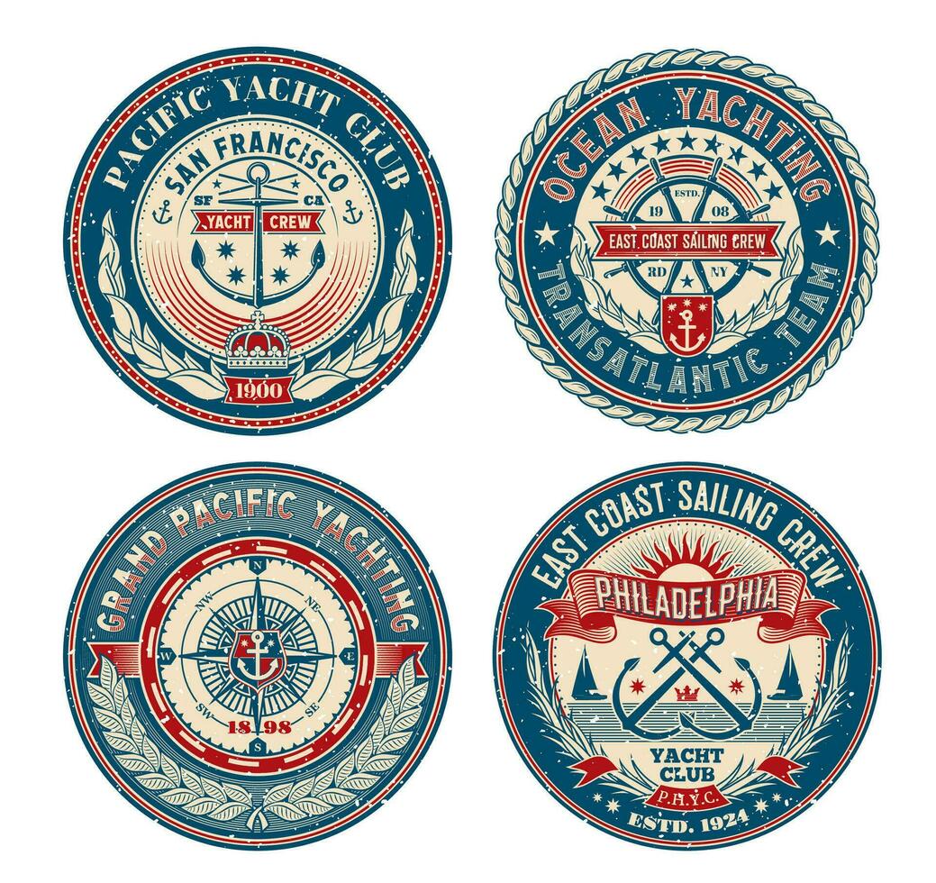 Yacht club retro patches, regatta nautical badges vector