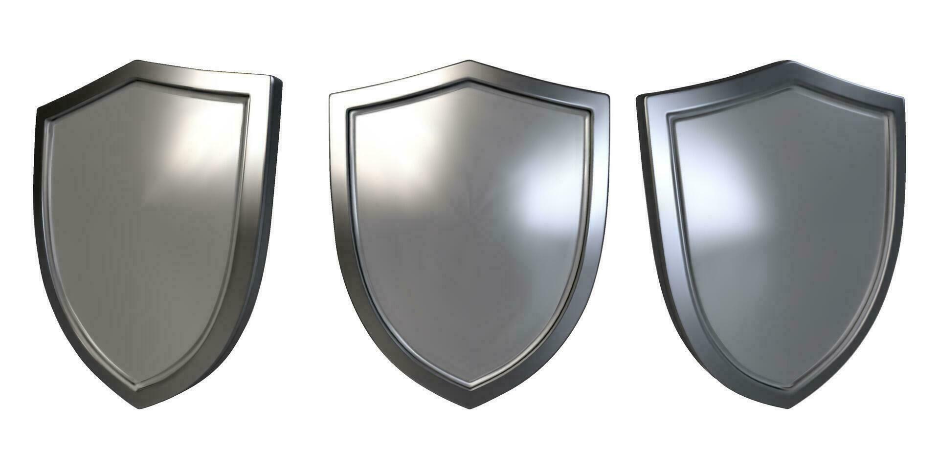 Set of metal shield realistic vector illustration. Blank silver steel metallic panel with reflection glow, award trophy or certificate template