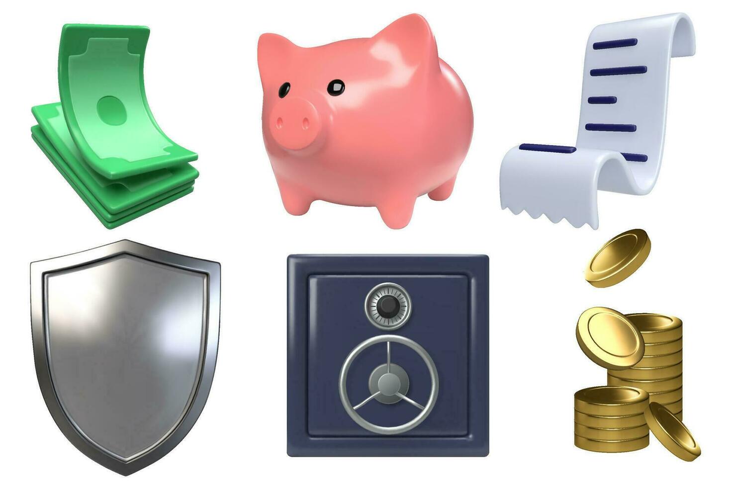 dinero 3d representación vector icono colocar. seguro, papel dinero, recibo, cerdito banco, proteger y monedas