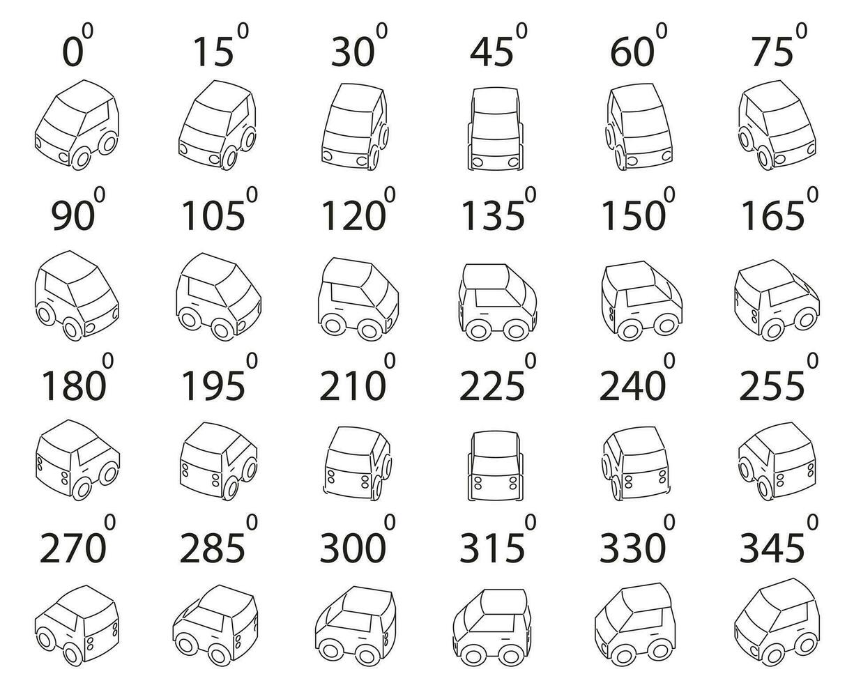 A set of 24 compact cars from different angles. vector