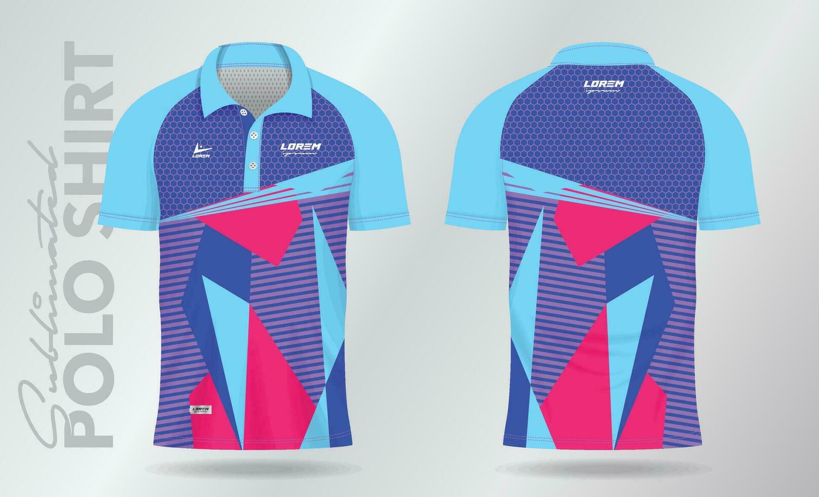 Sublimation blue purple pink Polo Shirt mockup template design for badminton jersey, tennis, soccer, football or sport uniform vector