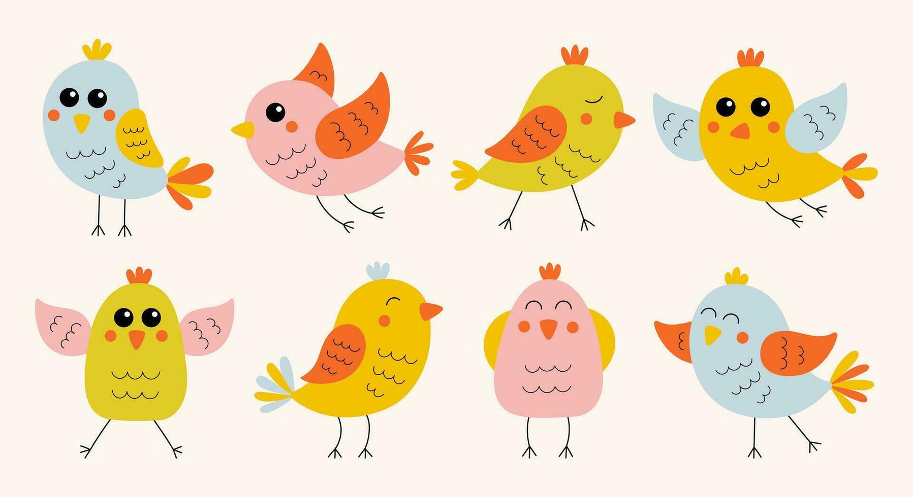 Collection of cute colorful hand drawn birds. Cartoon funny animals in flat style. Vector illustration.