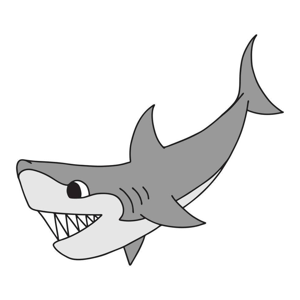 Evil toothy cartoon shark isolated on white background. Children vector illustration in doodle style