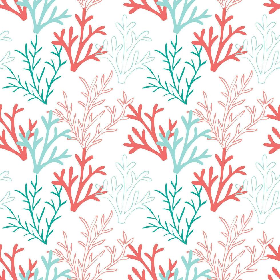 Red, pink and mint corals on a white background. Vector seamless pattern with tropical reef. Sea doodles