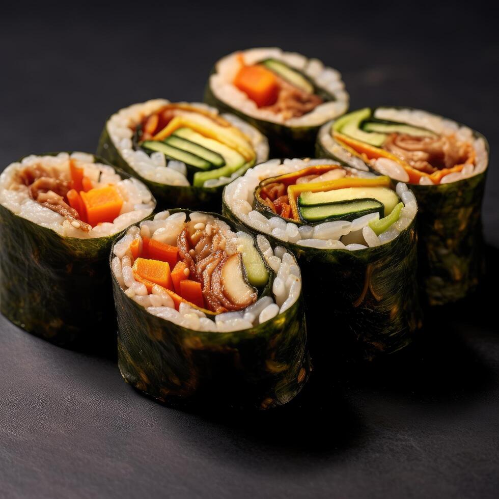 Various photos of Kimbap and Sushi food from South Korea and Japan.