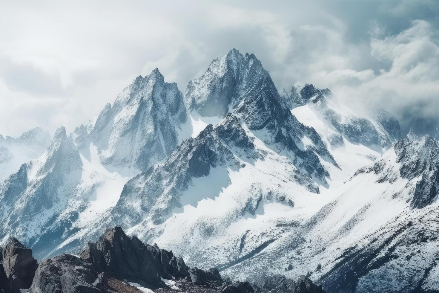 ai generated high mountain landscape images covered with snow and clouds photo