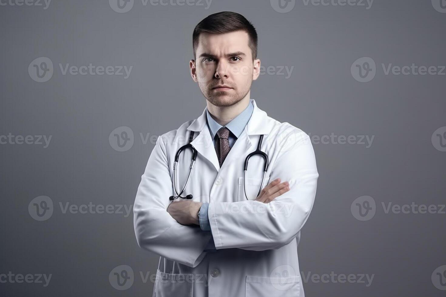 Portrait of confident male doctor in white coat and stethoscope standing with arms crossed and looking at camera photo