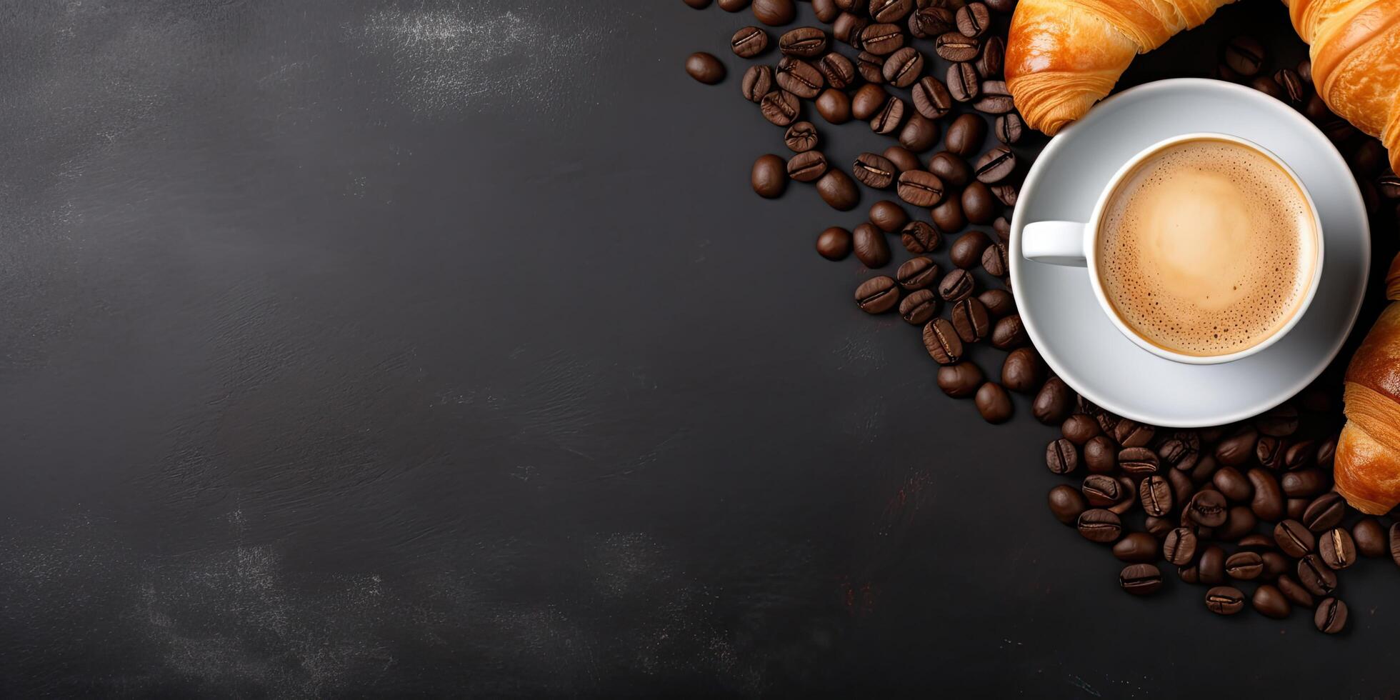 banners for background with coffee and coffee beans on croissants and baked bread. Free space for text. photo
