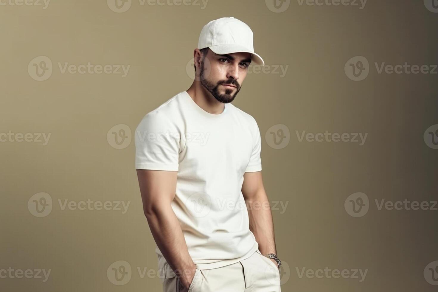 Handsome young man in white cap and t-shirt posing on solid background photo