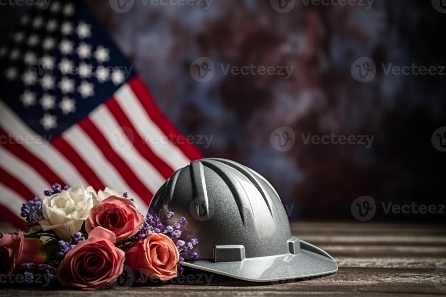 Helmet with flowers and American flag on wooden table. Labor day concept photo