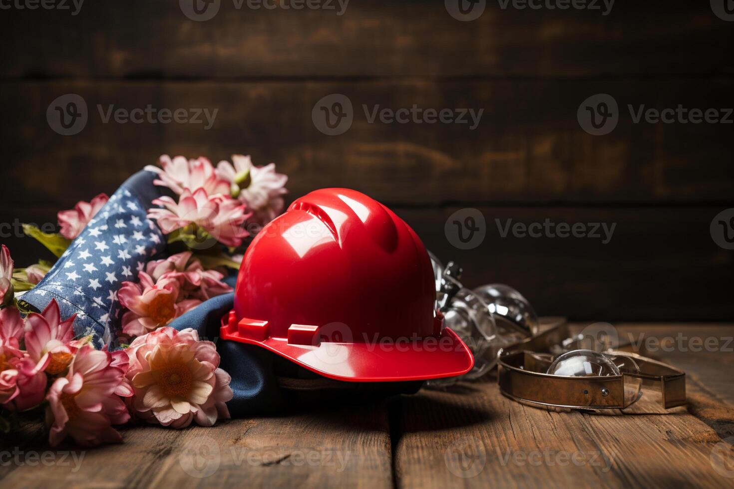 Helmet, glasses and a bouquet of flowers on a wooden background labor day concept photo