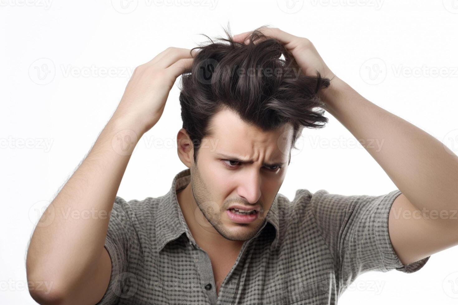 Frustrated young man with a headache isolated on a white background photo