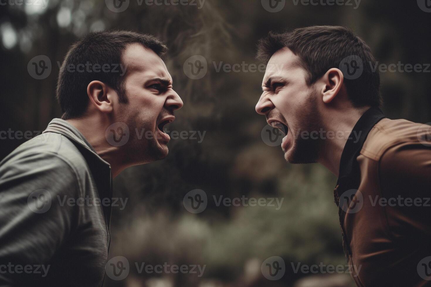 Two angry men shouting at each other on a dark background. Aggressive men photo