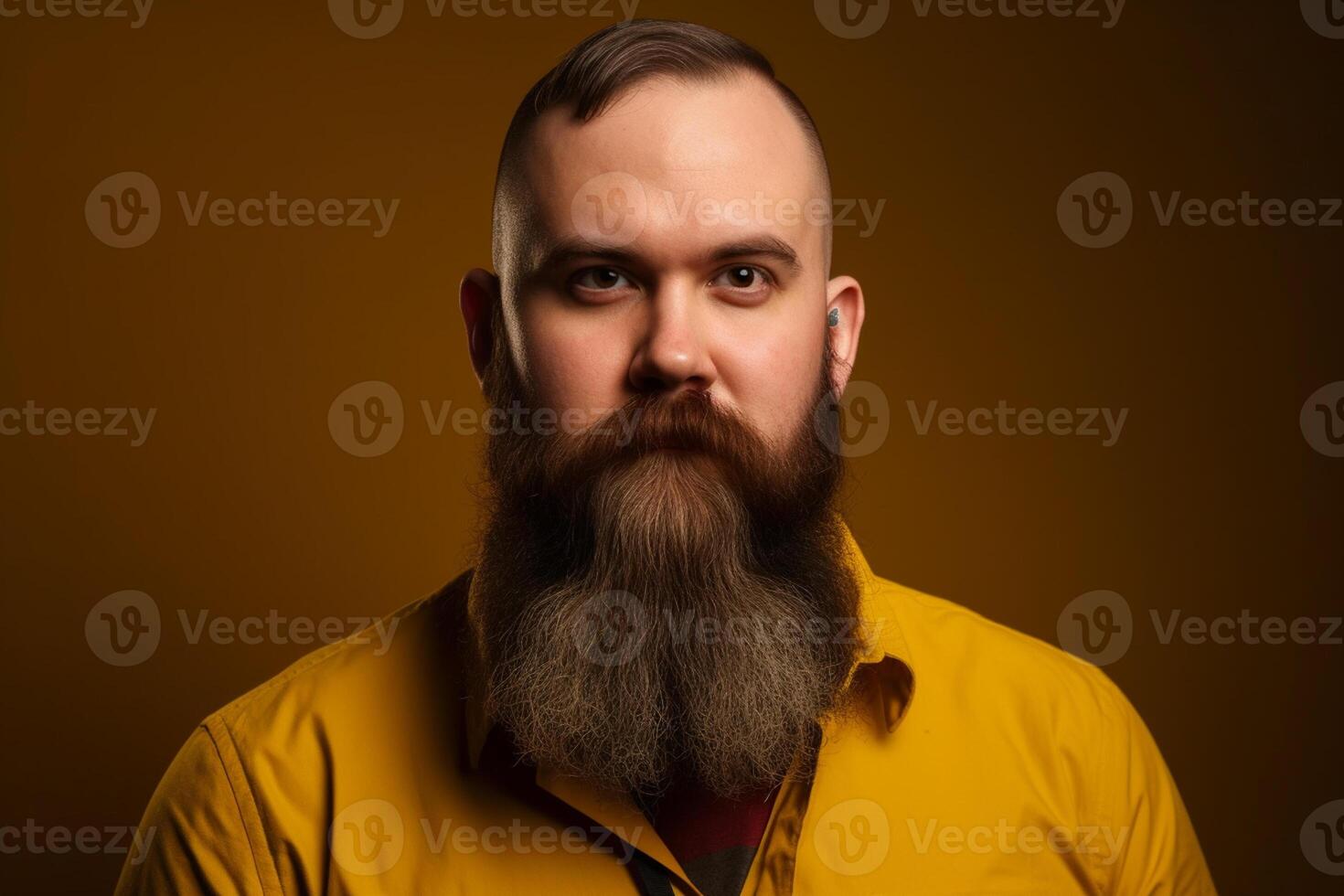 ai generativo retrato de un hermoso hombre en un amarillo chaqueta con largo barba y Bigote en marrón antecedentes foto