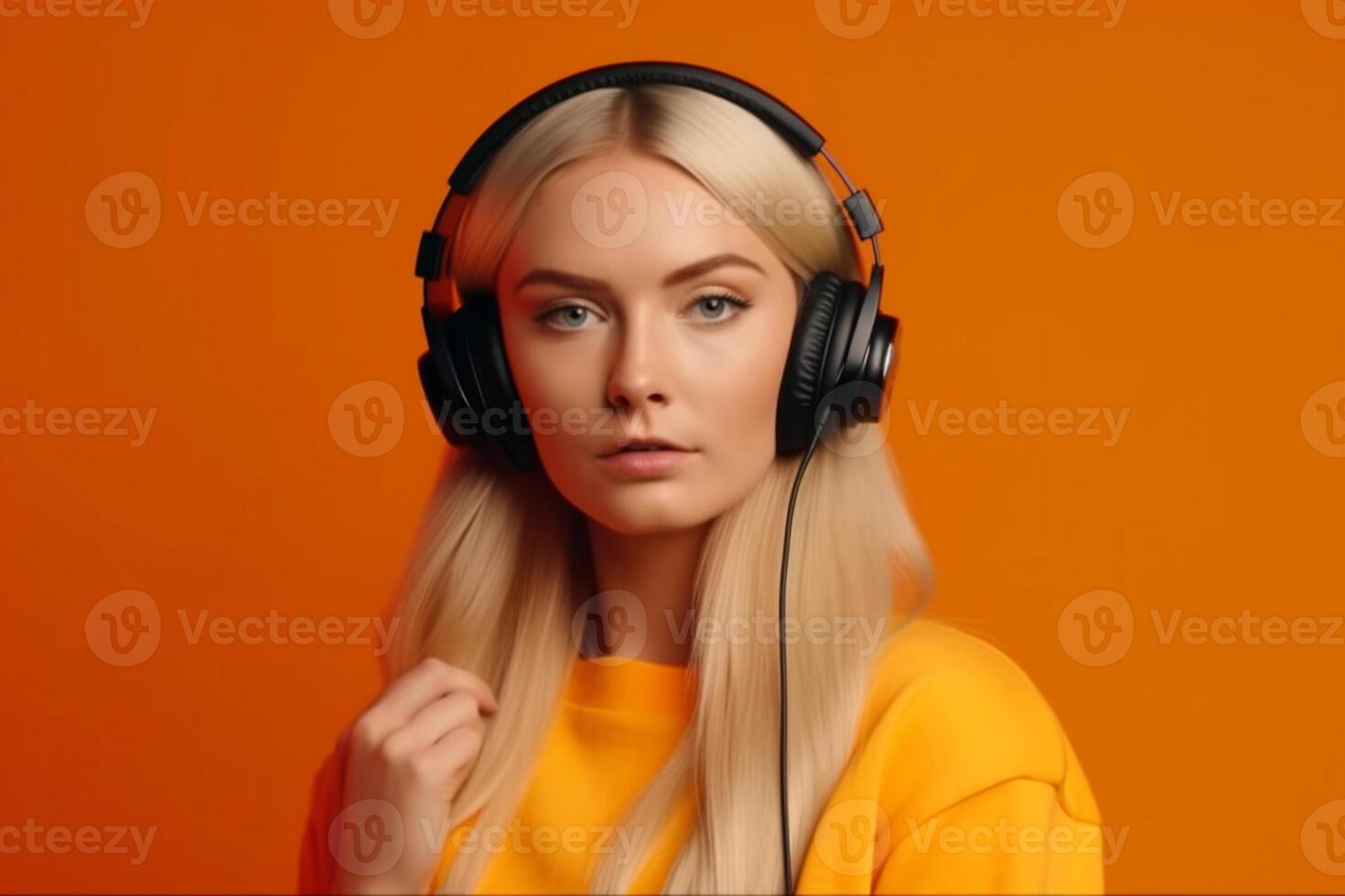 Beautiful young woman with headphones listening to music on orange background. photo