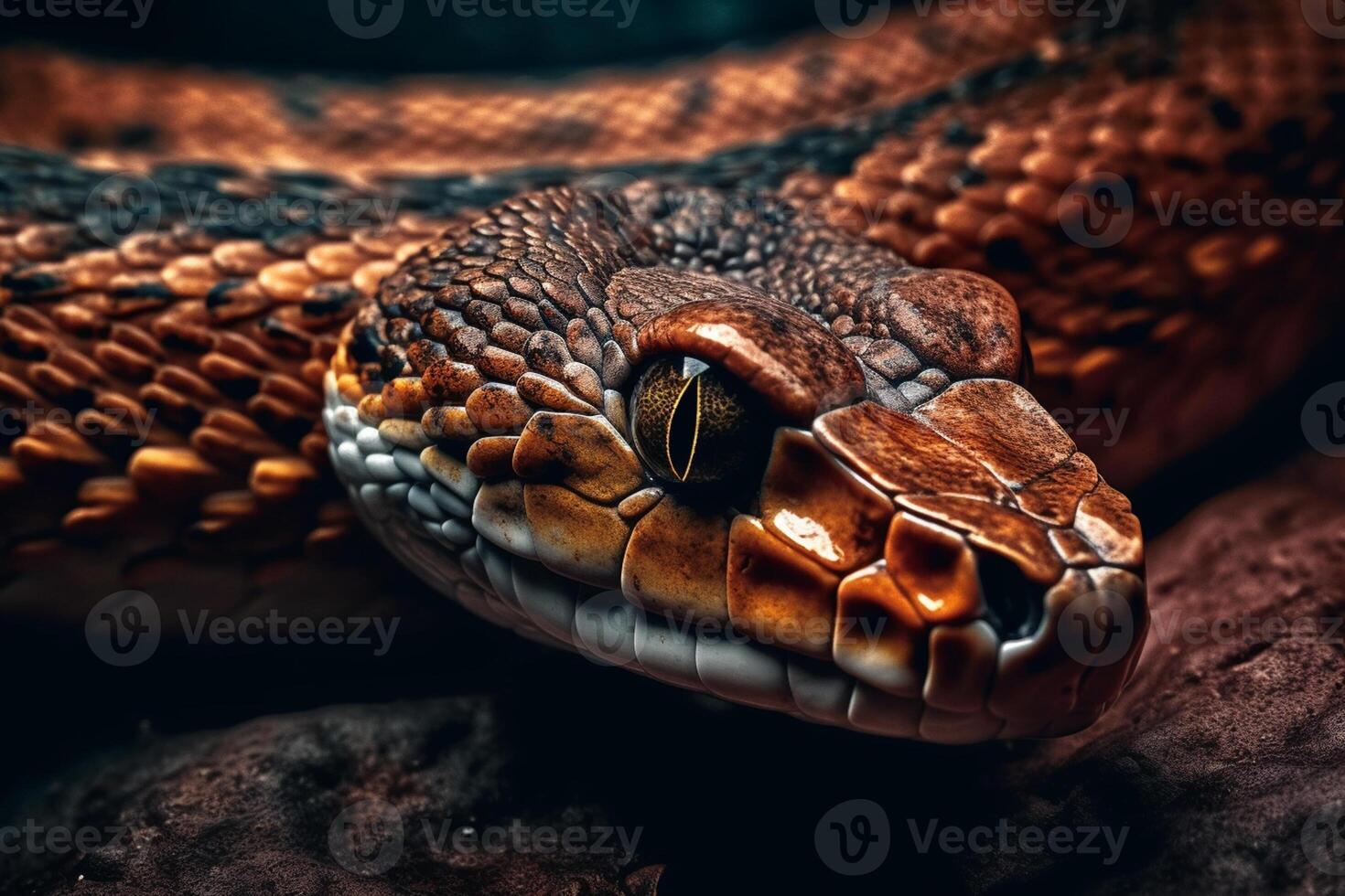 Close-up of the head of a water snake in the rain dark background 3d illustration photo