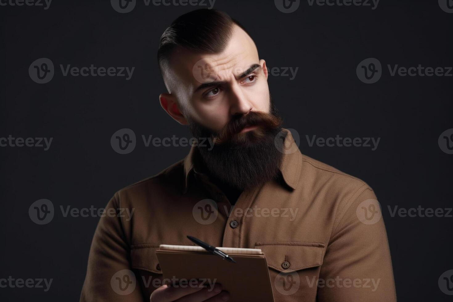 Portrait of a bearded man with a book in his hands on a dark background photo