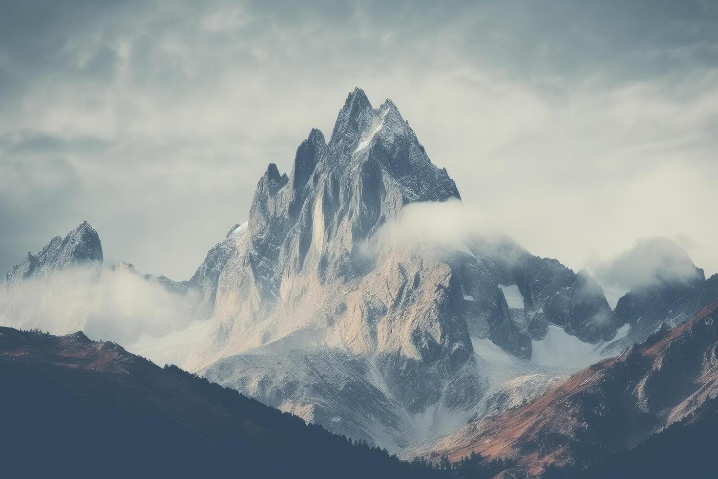 ai generated high mountain landscape images covered with snow and clouds photo