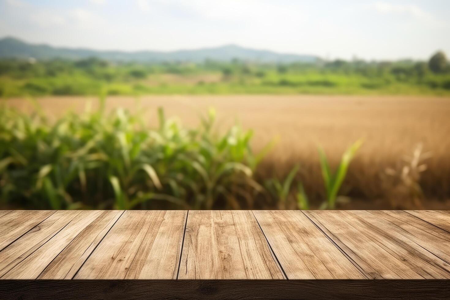 image of empty wooden table backgroundRusticBlurred Grassland photo
