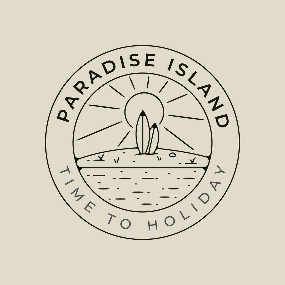 paradise  island beach line art logo vector with emblem template illustration design with palm tree and sun burst icon design.