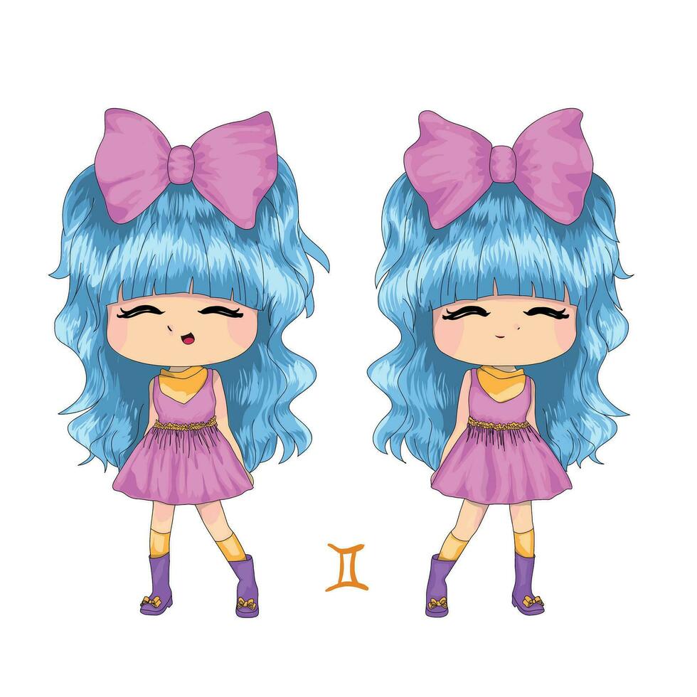 cute twin chibi gemini zodiac ilustration vector