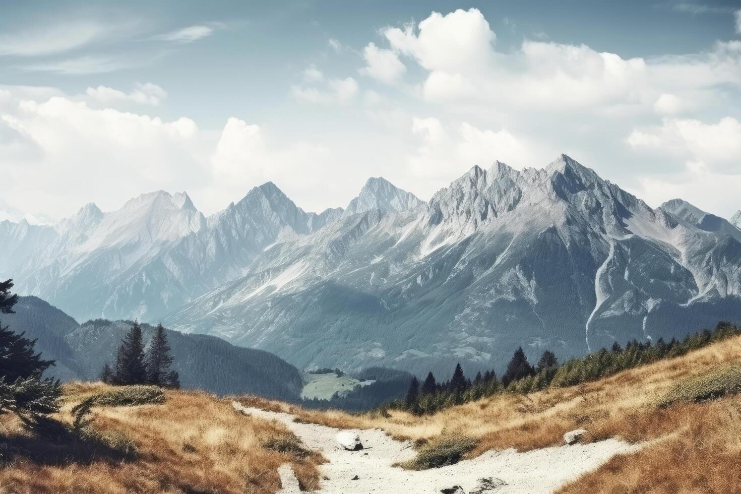 high mountain landscape images covered with snow and clouds photo