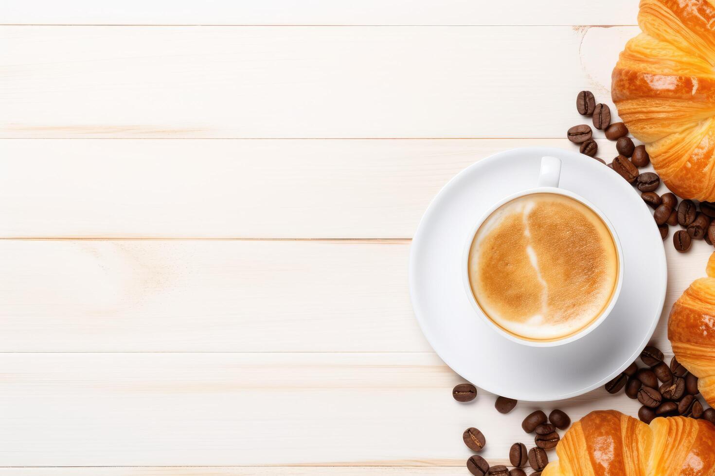 banners for background with coffee and coffee beans on croissants and baked bread. Free space for text. photo