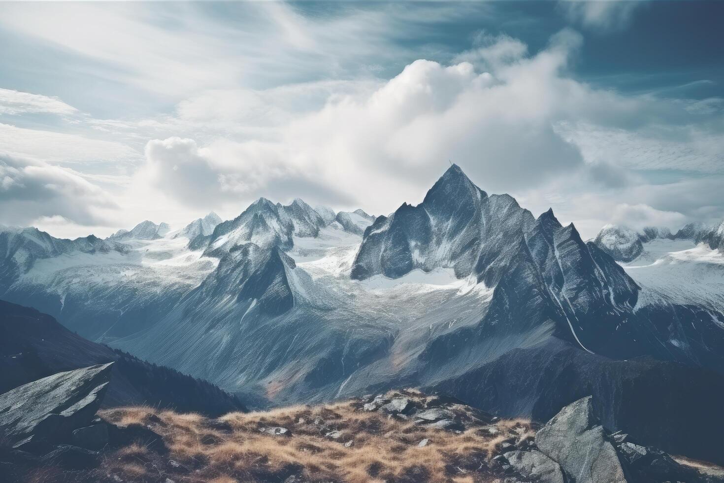 ai generated high mountain landscape images covered with snow and clouds photo