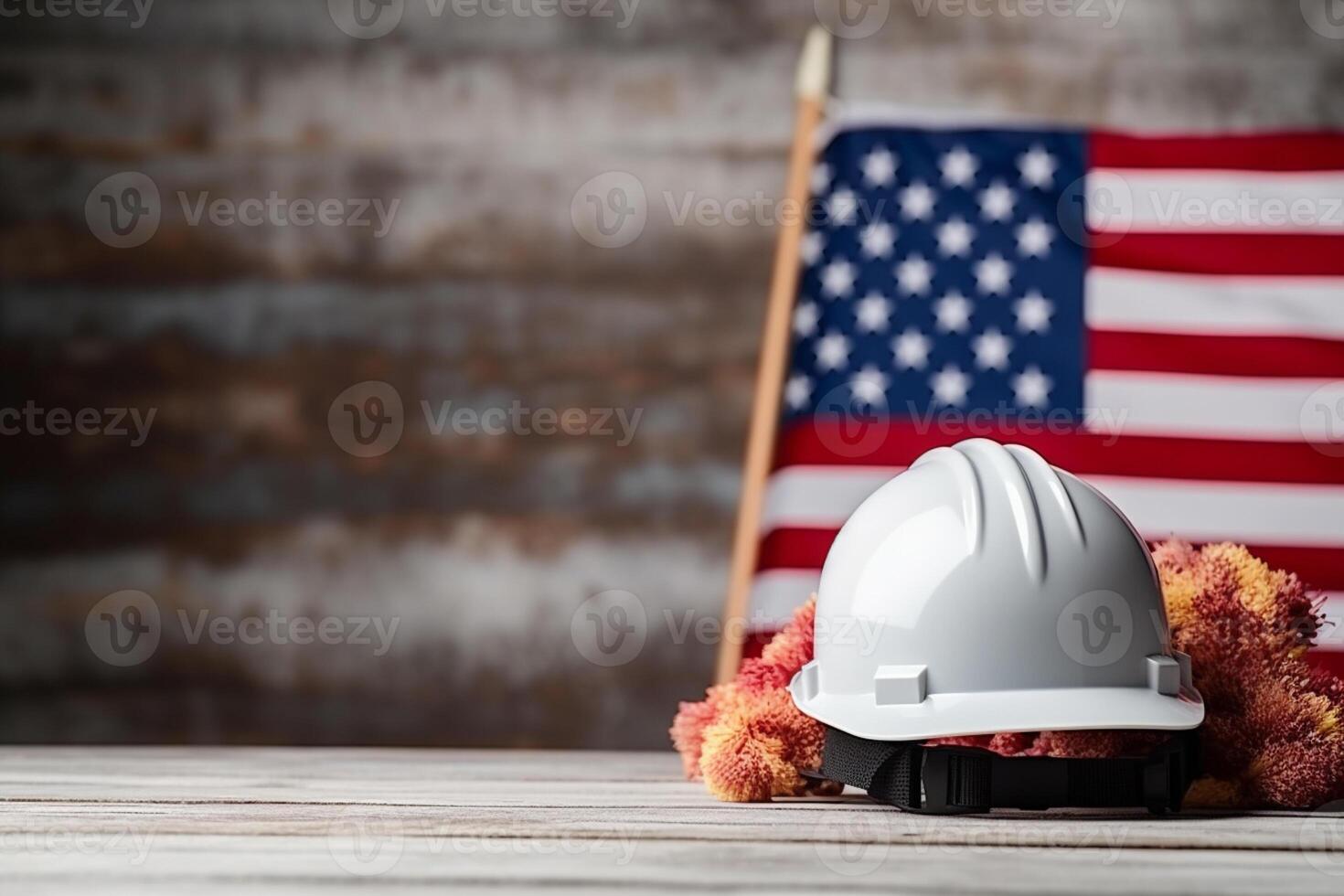 Hard hat and toy rambutan with USA flag on wooden background Labor day concept photo