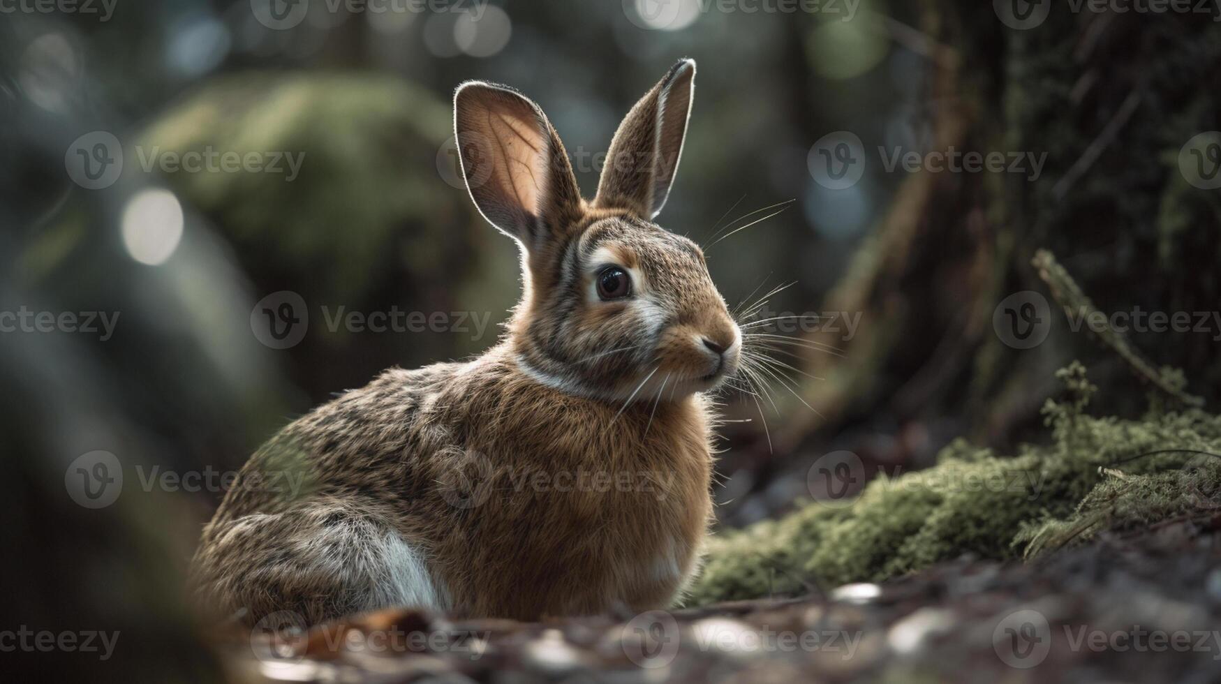 Cute rabbit in the autumn forest. Wild animal in the nature photo