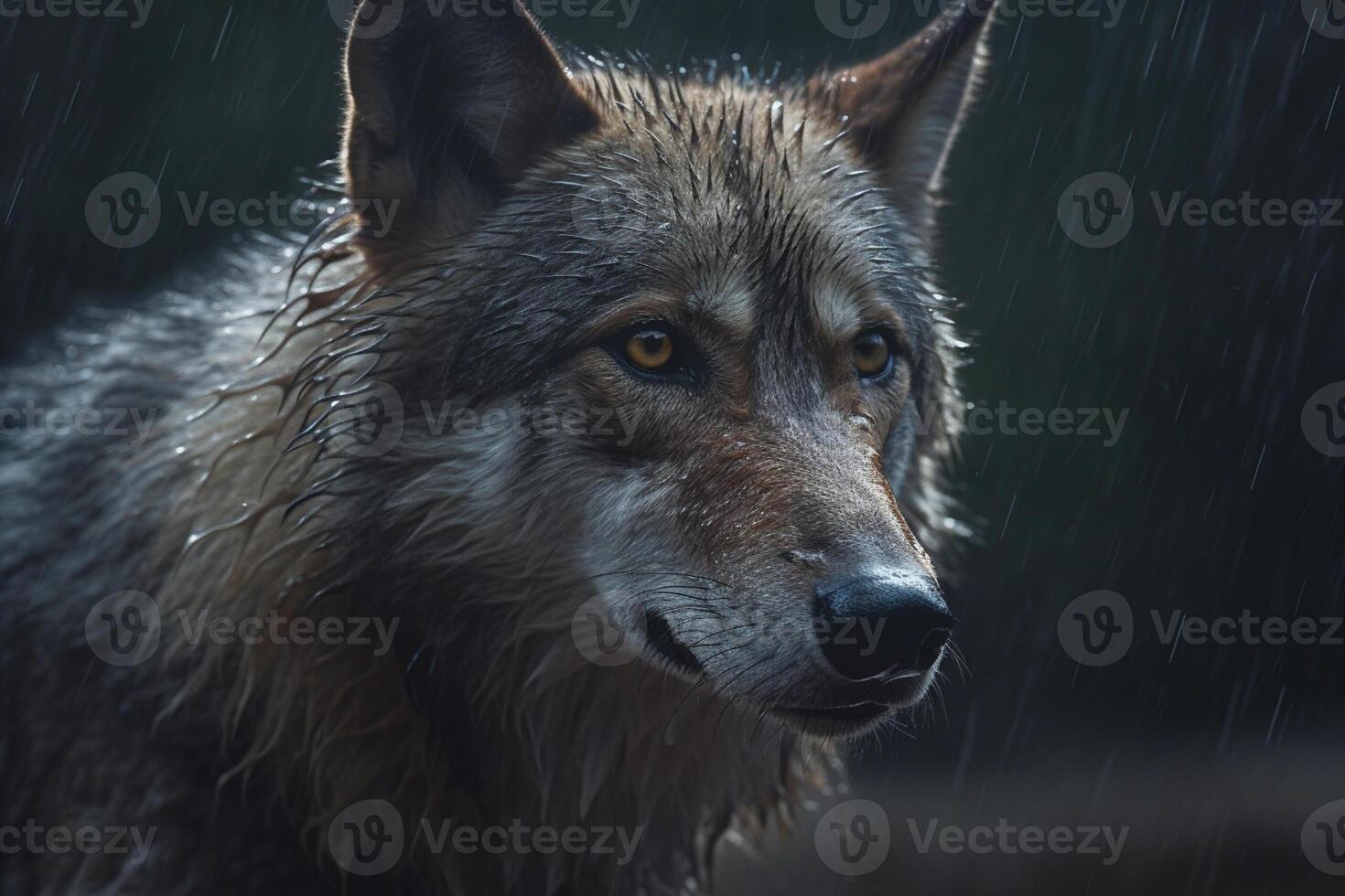 Close-up portrait of a wolf in the rain on a dark background photo
