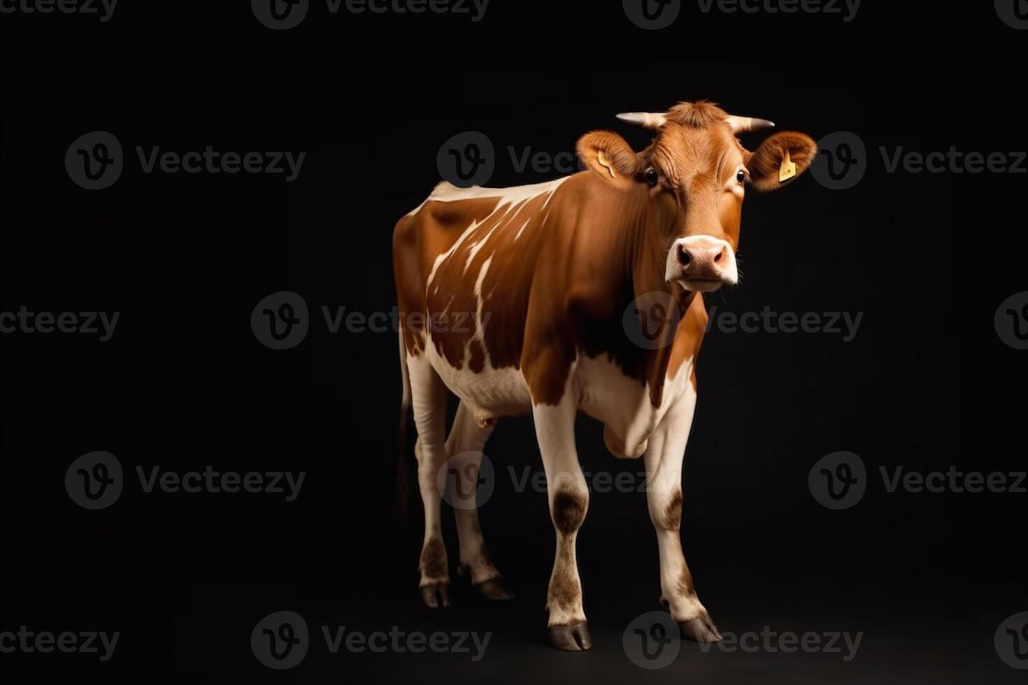 ai generativo marrón y blanco vaca aislado en un negro antecedentes. estudio Disparo foto