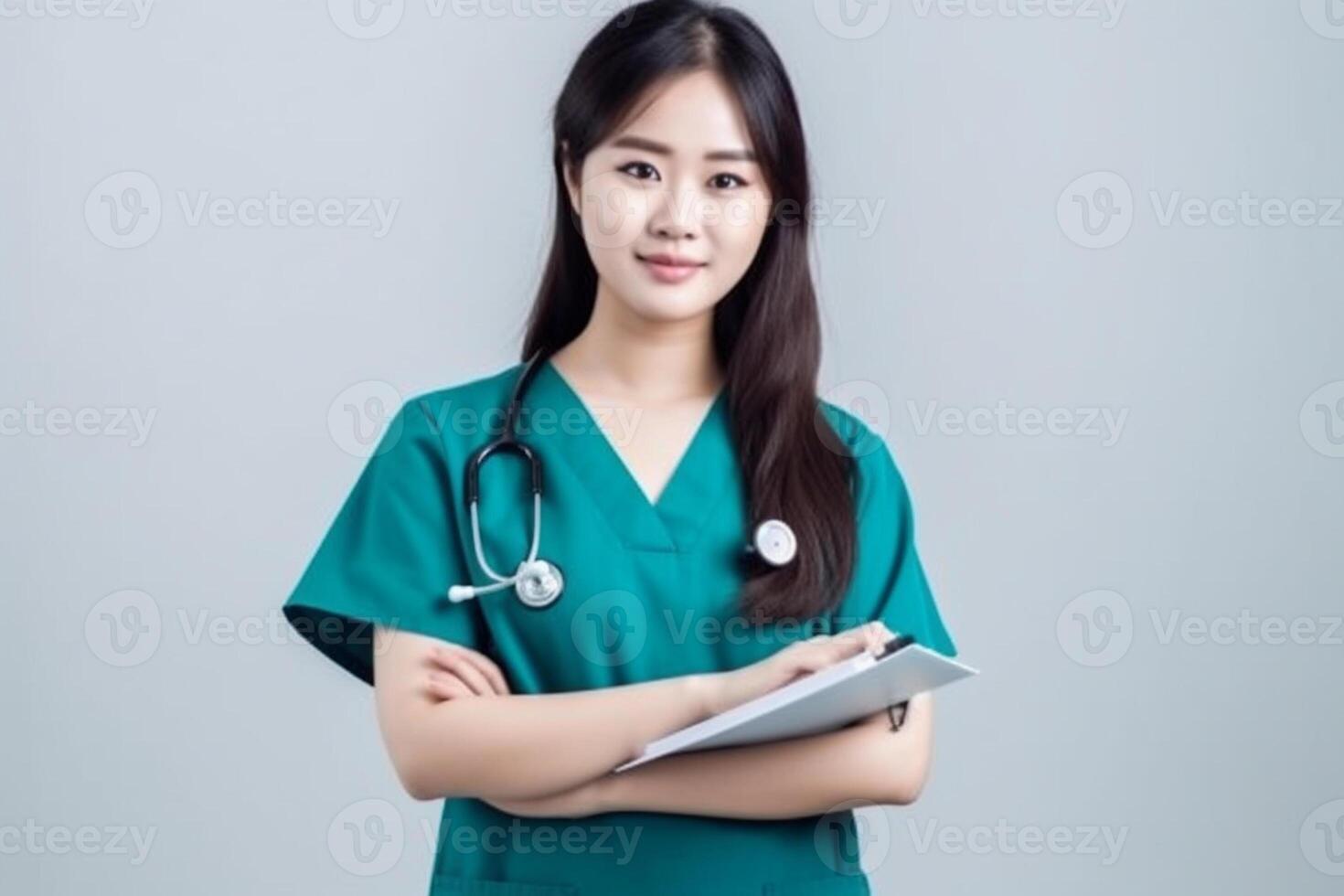 Portrait of a smiling female nurse with stethoscope and clipboard photo