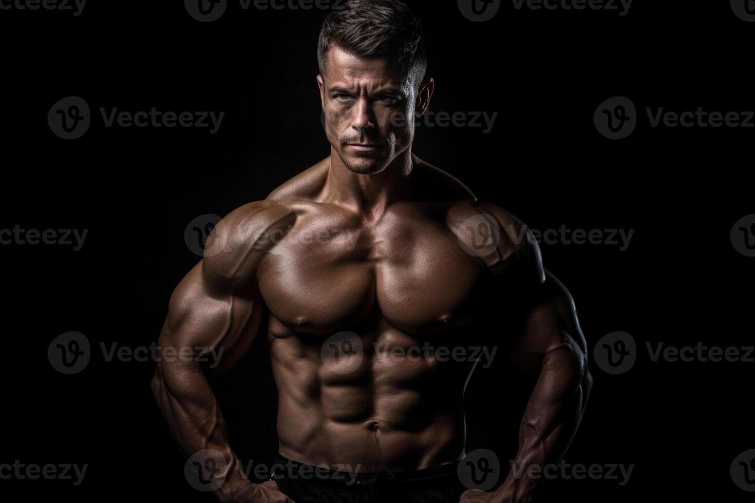 ai generativo hermoso joven hombre con muscular cuerpo posando terminado negro antecedentes. foto