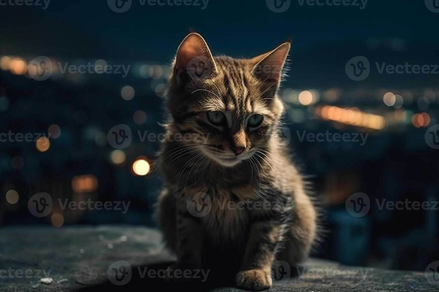 ai generativo linda pequeño gatito con azul ojos mirando a el ciudad a noche foto