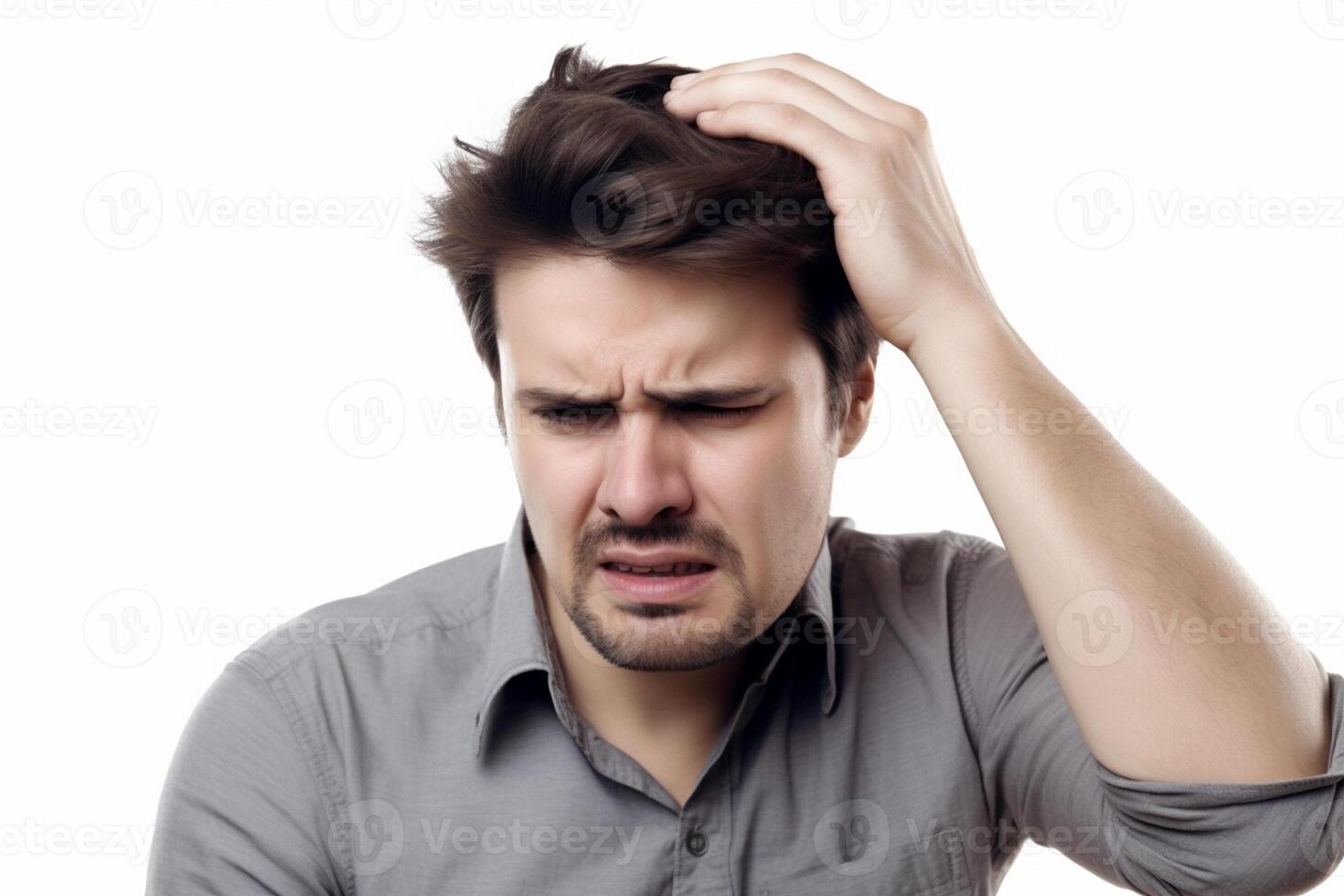 Frustrated young man with a headache isolated on a white background photo